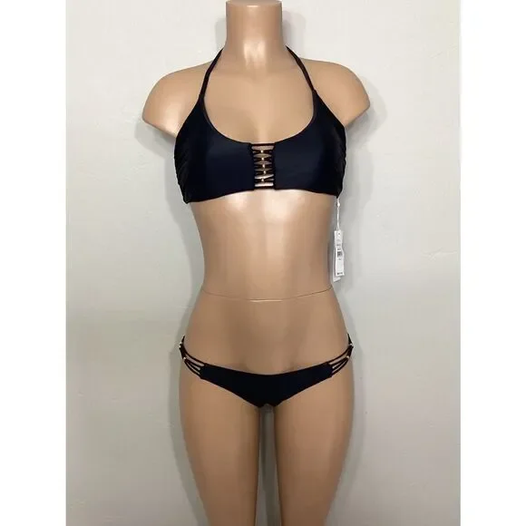 New. Pilyq black braided bikini set. D-cup/M-bottom